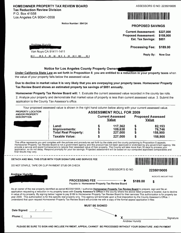 Official looking letter from the 'Homeowner Property Tax Review Board'