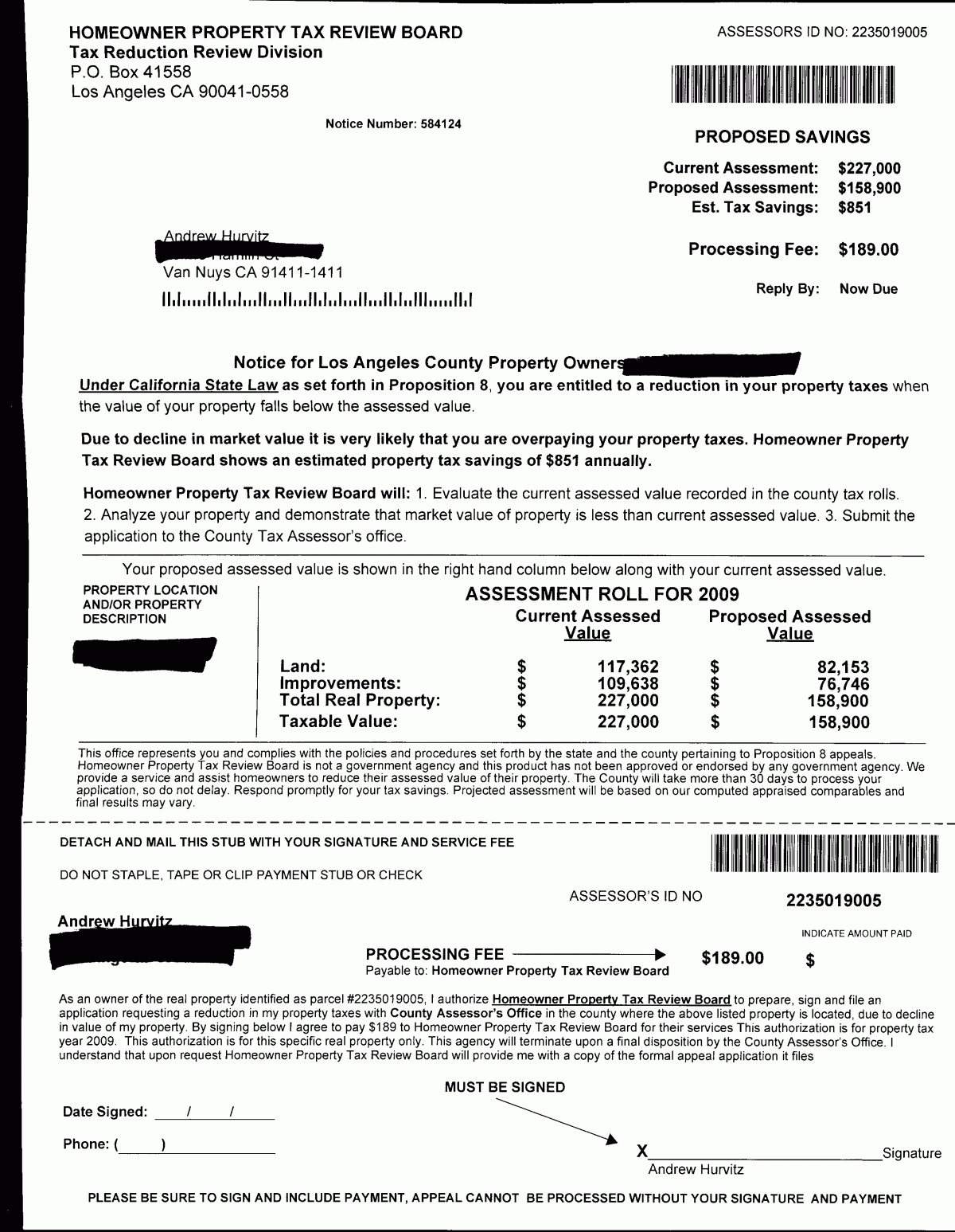 Official looking letter from the 'Homeowner Property Tax Review Board'