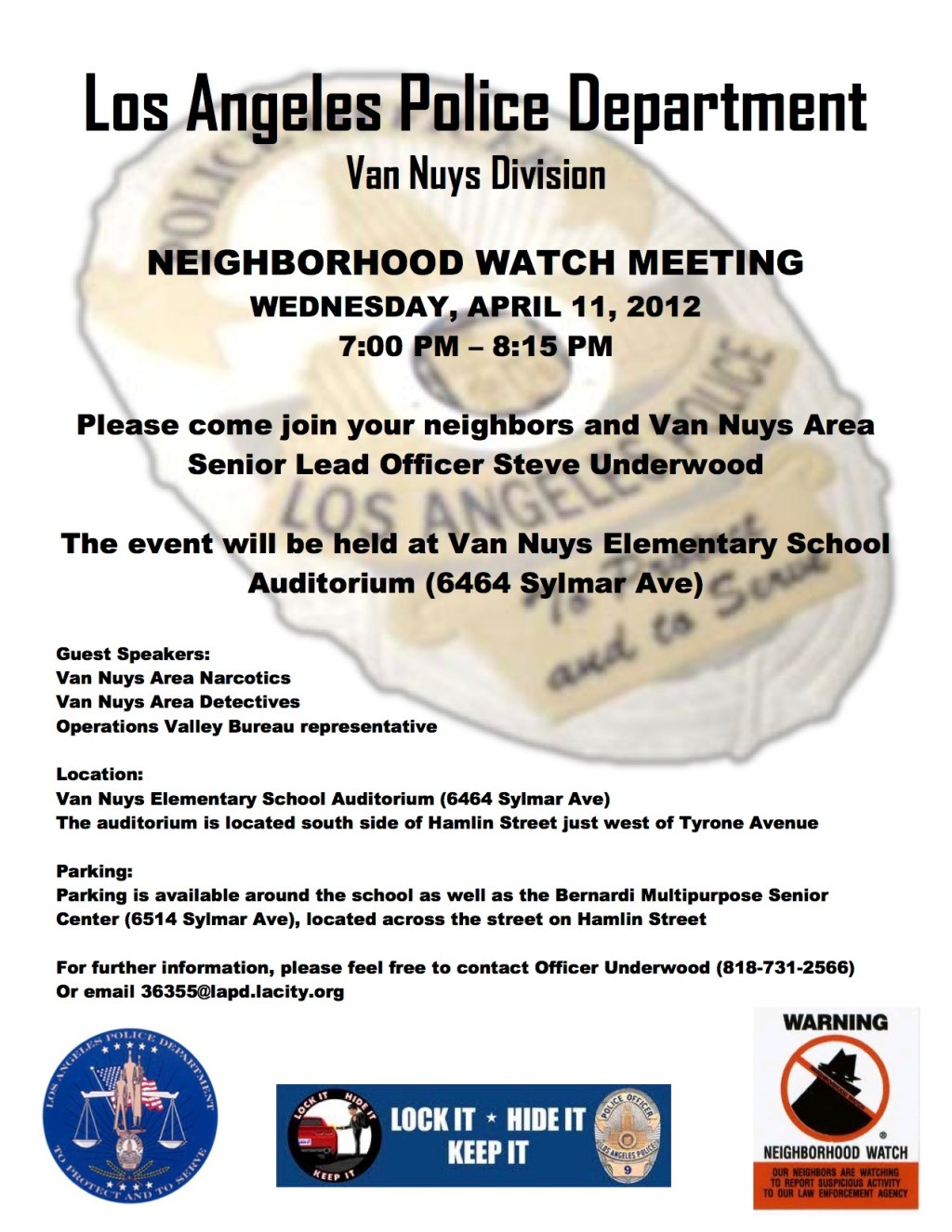 Neighborhood Watch Meeting: Wed. April&nbsp;11th